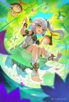 1girl :d artist_name bare_legs bare_shoulders blurry blurry_foreground bracelet cape commentary cross-shaped_pupils detached_sleeves dress english_commentary falling_petals from_below full_body genshin_impact gold_bracelet gold_trim gradient_hair green_cape green_eyes green_hair green_sleeves hair_ornament highres jewelry leaf_hair_ornament lily_pad long_bangs long_hair looking_to_the_side multicolored_hair nahida_(genshin_impact) on_swing open_mouth petals pointy_ears short_sleeves side_ponytail sleeveless sleeveless_dress smile solo stirrup_footwear streaked_hair swing symbol-shaped_pupils valtear white_dress white_hair