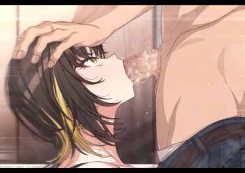 1boy 1girl blonde_hair brown_hair censored commentary_request erere fellatio hands_on_another&#039;s_head idolmaster idolmaster_shiny_colors ikaruga_luca irrumatio letterboxed lying mosaic_censoring motion_lines multicolored_hair on_side oral penis profile two-tone_hair yellow_eyes