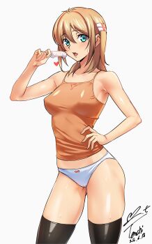 Rule 34 | 1girl, absurdres, aqua eyes, armpit crease, bare arms, black thighhighs, blonde hair, blush, bow, bow panties, breasts, camisole, commentary request, crotch seam, food, hair between eyes, hand on own hip, highres, holding, holding food, holding popsicle, kamimura chika, looking at viewer, medium breasts, melting popsicle, no pants, open mouth, orange camisole, panties, perky breasts, popsicle, revision, signature, simple background, sisters ~natsu no saigo no hi~, solo, sweat, thighhighs, thighs, two side up, underwear, white background, white panties, yoo tenchi