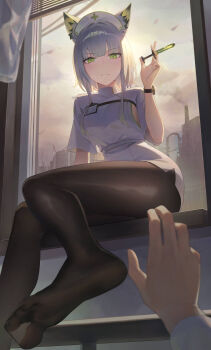 1girl 1other absurdres alternate_costume animal_ear_fluff animal_ears arknights arm_up badge brown_pantyhose cat_ears cat_girl closed_mouth commentary_request dress feet foot_out_of_frame green_eyes hair_between_eyes hat highres holding holding_syringe kal&#039;tsit_(arknights) long_hair looking_at_viewer no_shoes nurse_cap pantyhose parted_lips satellite999 short_sleeves sitting syringe thighhighs watch white_dress white_hair window wristwatch