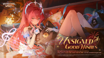 Rule 34 | 1girl, aemeath (wuthering waves), bare shoulders, beamed eighth notes, closed mouth, commentary, elbow gloves, english commentary, english text, glitch, gloves, hair ornament, highres, holding, holding stuffed toy, indoors, knees up, logo, long hair, looking at viewer, musical note, orange eyes, pink hair, ponytail, smile, solo, star-shaped pupils, star (symbol), stuffed animal, stuffed cat, stuffed toy, symbol-shaped pupils, white gloves, wuthering waves