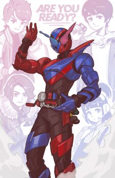 1girl 4boys absurdres animification april_jubilees armor banjou_ryuuga black_armor blue_armor build_driver coat commentary covered_pectorals dual_persona english_text fullbottle fur-trimmed_coat fur_trim gradient_background headset high_ponytail highres isurugi_misora kamen_rider kamen_rider_build kamen_rider_build_(rabbittank_form) kamen_rider_build_(series) kiryuu_sento multicolored_armor multiple_boys pectorals ponytail red_armor rider_belt sawatari_kazumi short_hair smile tokusatsu white_background