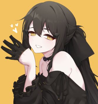 Rule 34 | 1girl, adachi t (xadachit), bare shoulders, black choker, black dress, black gloves, black hair, choker, commentary, dandelion (girls' frontline), dress, english commentary, girls' frontline, girls' frontline 2: exilium, gloves, hair ornament, half gloves, heart, highres, long hair, looking at viewer, off-shoulder dress, off shoulder, open mouth, own hands together, simple background, smile, solo, white mouth, yellow background, yellow eyes