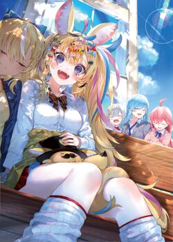 5girls ahoge alternate_costume animal_ears bench blazer blonde_hair blue_hair blue_sky blush bow bowtie camisole closed_eyes clothes_around_waist collared_shirt creature_on_lap dark-skinned_female dark_elf dark_skin dress_shirt earrings elf facial_mark fennec_fox fox_ears fox_girl fox_tail grey_hair gyaru hair_bow highres hololive hoshimachi_suisei jacket jacket_around_waist jewelry kou_mashiro leg_warmers long_hair long_sleeves looking_at_viewer miniskirt multicolored_hair multiple_girls necktie official_alternate_costume official_alternate_hairstyle omaru_polka omaru_polka_(school_uniform) on_bench outdoors park_bench pink_hair pleated_skirt pointy_ears sakura_miko school_uniform shiranui_flare shiranui_kensetsu shirogane_noel shirt side_ponytail signature skirt sky smile solo_focus streaked_hair tail teeth too_many_hair_ornaments upper_teeth_only virtual_youtuber zain_(omaru_polka)