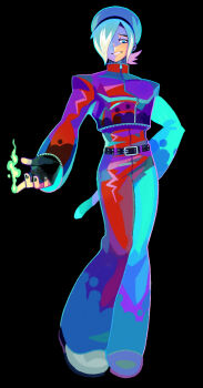 1boy absurdres androgynous ash_crimson belt black_background black_belt black_hairband black_nails blue_eyes bodysuit commentary denaseey fingerless_gloves fire freckles full_body gloves green_fire hair_over_one_eye hairband highres korean_commentary pyrokinesis red_bodysuit simple_background smile solo the_king_of_fighters trap white_hair