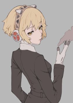 1girl absurdres aigis_(persona) android black_dress blonde_hair breasts commentary_request dress from_behind gold_hairband grey_background gun hairband hand_up highres long_sleeves looking_at_viewer looking_back mechanical_hands medium_breasts parted_lips persona persona_3 persona_4:_the_ultimate_in_mayonaka_arena persona_4:_the_ultimax_ultra_suplex_hold robot_ears shadow_(persona) shadow_aegis short_hair simple_background smoke smoking_barrel solo tbjj1208 upper_body weapon yellow_eyes