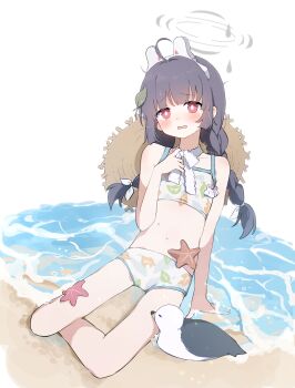 1girl absurdres ahoge animal_ear_hairband animal_ears bare_legs beach bikini bird black_hair blue_archive blush bow braid breasts dot_nose embarrassed fake_animal_ears grey_halo hair_ribbon hairband halo hand_up hat highres leaf leaf_on_head leaf_print loli long_braid long_hair looking_at_viewer miyu_(blue_archive) miyu_(swimsuit)_(blue_archive) namae_kimaranai navel official_alternate_costume on_ground open_mouth print_bikini rabbit_ears red_eyes ribbon seagull simple_background sitting solo starfish straw_hat swimsuit thighs twin_braids twintails wet white_background white_bikini white_bow white_hairband white_ribbon