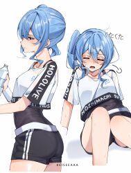 Rule 34 | 1girl, absurdres, ass, black shorts, blue eyes, blue hair, blue nails, blush, bottle, breasts, character name, closed eyes, copyright name, covered navel, crop top, exhausted, hair ribbon, high side ponytail, highres, hololive, hololive dance practice uniform, hoshimachi suisei, keisea, leotard, leotard under clothes, multiple views, ribbon, shirt, short shorts, shorts, simple background, sitting, small breasts, sweat, water bottle, white background, white shirt