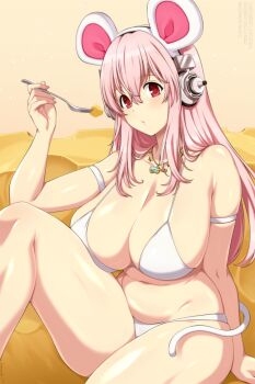 Rule 34 | 1girl, animal ears, belly, bikini, breasts, cheese, commentary, english commentary, fake animal ears, fake tail, food, fork, hair between eyes, headphones, highres, holding, holding fork, jewelry, large breasts, lindaroze, long hair, looking at viewer, mouse ears, mouse tail, navel, necklace, nitroplus, pink hair, red eyes, shade, sitting, solo, super sonico, swimsuit, tail, thighs, white bikini