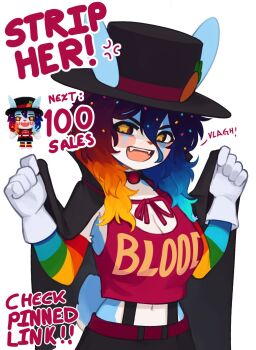 1girl :d animal_ears blush_stickers breasts clown colored_skin crop_top cupcake_(yoako) english_text furry furry_female gloves hat highres large_breasts looking_at_viewer multicolored_hair navel open_mouth original rabbit_ears red_nose red_shirt shirt simple_background smile solo top_hat white_background white_gloves white_skin yoako