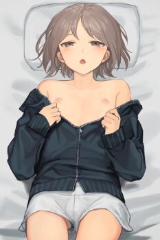 1boy armpits bare_shoulders bed_sheet blue_jacket brown_eyes brown_hair bulge check_commentary clothes_lift collarbone commentary_request cowboy_shot gluteal_fold grey-haired_boy_(sunaba_(nczd5875)) grey_panties half-closed_eyes head_on_pillow highres jacket jacket_lift long_sleeves looking_at_viewer lying male_focus nipples off_shoulder on_back on_bed open_clothes open_jacket open_mouth original panties panty_peek partially_unzipped pillow short_hair short_shorts shorts solo sunaba_(nczd5875) thighs trap underwear upshorts white_shorts