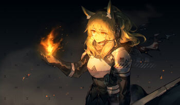 1girl absurdres animal_ear_fluff animal_ears arknights armor blonde_hair breastplate brown_gloves closed_mouth commission dark elbow_gloves embers fire gloves glowing hair_between_eyes headset highres long_hair magic mihuashi_commission nearl_(arknights) nearl_the_radiant_knight_(arknights) pauldrons pyrokinesis shoulder_armor sidelocks solo standing xing_mang_bei_zhan_le yellow_eyes