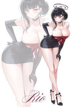 absurdres alternate_costume alternate_hairstyle arm_behind_back bare_shoulders black_choker black_dress black_gloves black_hair black_shoes blue_archive breasts character_name choker closed_mouth dress elbow_gloves full_body gloves halo hand_on_own_thigh high_heels highres large_breasts leaning_forward looking_at_viewer mii_ee2 red_eyes rio_(blue_archive) shoes simple_background solo standing white_background