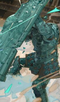 Rule 34 | 1boy, absurdres, armor, crack, elden ring, elden ring: shadow of the erdtree, full armor, green armor, helm, helmet, highres, holding, holding shield, male focus, moore (elden ring), nslacka, ornate, ornate armor, shield, solo, tower shield