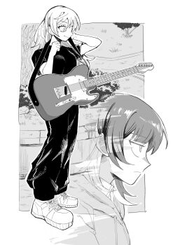 Rule 34 | 2girls, akuseru (greatmaxnacell), electric guitar, fang, fender telecaster, from side, fujii ayame, full body, futsuu no keion-bu, greyscale, guitar, guitar strap, high contrast, highres, instrument, monochrome, multiple girls, outdoors, pants, park, profile, shirt, shoes, short sleeves, smile, sneakers, standing, t-shirt, tatsumi reiha, upper body