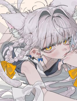 1girl 87yanagi animal_ear_fluff animal_ears bare_arms bare_shoulders blunt_bangs bored bow braid braided_hair_rings cat_ears cat_tail character_request collarbone copyright_request ear_piercing earrings full_body grey_shorts hair_bow hair_intakes hair_rings head_rest highres jewelry lips looking_at_viewer lying multicolored_eyes on_stomach piercing ring shorts sleeveless solo tail white_hair yellow_bow yellow_eyes