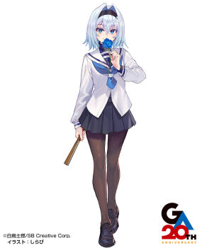 1girl black_pantyhose black_shoes black_skirt blue_eyes blue_flower blue_necktie blue_rose closed_mouth commentary_request flower full_body ga_bunko hand_up highres holding holding_flower loafers long_sleeves looking_at_viewer multicolored_hair necktie official_art pantyhose rose ryuuou_no_oshigoto! sailor_collar school_uniform second-party_source shirabi shirt shoes short_hair simple_background skirt smile solo sora_ginko standing white_background white_sailor_collar white_shirt