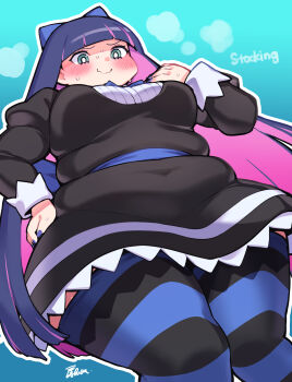 1girl absurdres alternate_body_size aqua_eyes blue_background blunt_bangs blush breasts closed_mouth dot_nose fat feet_out_of_frame fusa_(starless2323) hand_on_own_hip highres large_breasts long_sleeves multicolored_hair outline panty_&amp;_stocking_with_garterbelt pink_hair skindentation solo stocking_(psg) sweat thick_thighs thighhighs thighs two-tone_hair white_outline