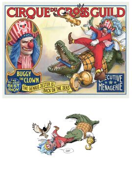 1boy animalization bird biting biting_another&#039;s_leg black_hat blue_hair bridle buggy_the_clown cape cloak clown_nose commentary crocodile crocodile_(one_piece) crocodilian cross cross_necklace crying dracule_mihawk english_commentary english_text gloves gold_trim hat hawk highres hook hook_hand jewelry long_hair lying male_focus mugibaras necklace on_back one_eye_closed one_piece person_and_animalization pink_scarf pirate_hat red_cloak riding scar scar_on_face scarf sharp_teeth shirt skull_and_crossbones speech_bubble striped_clothes striped_headwear teeth undershirt white_cape white_gloves white_shirt