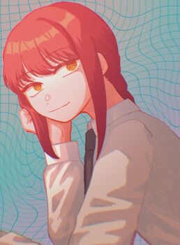 1girl absurdres black_necktie braid braided_ponytail chainsaw_man closed_mouth collared_shirt commentary highres long_hair long_sleeves looking_at_viewer makima_(chainsaw_man) necktie ringed_eyes shirt sidelocks smile solo upper_body white_shirt yellow_eyes yksm_oe