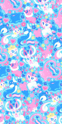 Rule 34 | artist name, blue background, blue flower, blush stickers, bow, bowtie, character request, commentary, creatures (company), english commentary, flower, game freak, gen 6 pokemon, heart, heart in eye, highres, limited palette, mouse (animal), nintendo, no humans, notice lines, open mouth, pink bow, pink bowtie, pink flower, pokemon, pokemon (creature), smile, sparkle, starsalts, sylveon, symbol in eye, transgender flag, unicorn