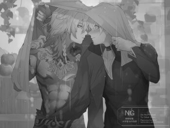 2boys abs arm_tattoo armlet armor black_choker black_coat black_shirt blush braid chest_tattoo choker clawed_gauntlets coat commentary_request earrings facial_tattoo g2n3s2n0 highres honkai:_star_rail honkai_(series) improvised_umbrella jewelry male_focus medium_hair multiple_boys mydei_(honkai:_star_rail) neck_tattoo necklace open_clothes open_coat pauldrons phainon_(honkai:_star_rail) profile shared_improvised_umbrella shirt short_hair shoulder_armor side_braid single_pauldron sun_symbol sun_tattoo tan tattoo toned toned_male twitter_username watermark yaoi