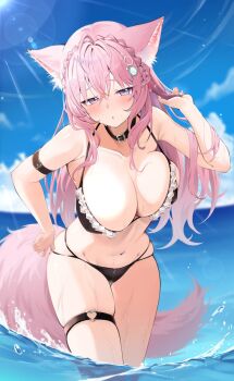 1girl animal_ears antenna_hair arm_belt bare_shoulders belt belt_collar bikini black_belt black_bikini black_collar blue_sky blush braid braided_bun breasts cloud cloudy_sky collar collarbone crown_braid day fingernails groin hair_between_eyes hair_bun hair_ornament hakui_koyori heart heart_o-ring highres hololive large_breasts long_hair looking_at_viewer mogmog_megmog nail_polish narrowed_eyes navel o-ring o-ring_thigh_strap ocean outdoors pink_eyes pink_hair pink_nails pink_tail skindentation sky smile solo stomach strap_gap strap_pull string_bikini swimsuit tail thigh_strap thighs virtual_youtuber wolf_ears wolf_girl wolf_tail