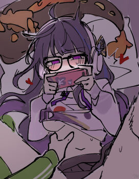 1boy 1girl absurdres alternate_costume blunt_bangs blush breasts c520gpss cellphone chinese_commentary clothes_lift couple dark_room embarrassed from_above genshin_impact glasses glowing green_track_suit hair_down hair_ornament headphones heart hetero highres holding holding_phone hood hood_down hoodie implied_sex indoors large_breasts long_hair long_sleeves looking_down lying mixed-language_commentary mole mole_under_eye multicolored_hair navel no_pupils nose_blush official_alternate_costume on_back on_bed phone pillow pov pov_hands purple_eyes purple_hair purple_hoodie raiden_shogun raiden_shogun_(2nd_anniversary) rex_lapis_(genshin_impact) screen_light sex shade sketch skirt smartphone spread_legs stomach streaked_hair sweat sweatdrop thick_thighs thighs track_suit trembling underboob upper_body wavy_hair zhongli_(genshin_impact)