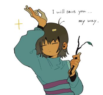 1other antenna_hair arm_up artistlove_knm blue_sweater brown_hair closed_eyes closed_mouth colored_skin english_text frisk_(undertale) hair_between_eyes hand_up holding holding_stick long_sleeves orange_skin other_focus puffy_long_sleeves puffy_sleeves short_hair simple_background solo sparkle stick striped_clothes striped_sweater sweater turtleneck turtleneck_sweater undertale upper_body utdr_(toby_fox) white_background