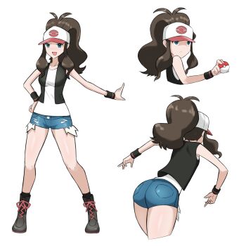 1girl :d absurdres ass baseball_cap big_hair black_boots blue_eyes blue_shorts boots brown_hair commentary curvy derivative_work ganzzzo hand_on_own_hip hat high_ponytail highres hilda_(pokemon) holding holding_poke_ball multiple_views nintendo open_mouth poke_ball poke_ball_(basic) poke_ball_print pokemon pokemon_black_and_white ponytail print_hat shiny_skin shorts simple_background smile sprite_redraw white_background wide_hips