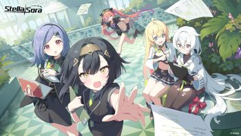 Rule 34 | 5girls, :d, :p, ahoge, amber (stella sora), artist request, black gloves, black hair, black pantyhose, black shoes, black skirt, blue eyes, book, bow, box, breasts, camera, cardboard box, cleavage, commentary, copyright name, english commentary, fingerless gloves, fuyuka (stella sora), gloves, green necktie, hair between eyes, hair ornament, highres, holding, holding box, holding camera, holding pen, iris (stella sora), mistique (stella sora), multiple girls, navel, necktie, noya (stella sora), official art, open book, open mouth, orange hair, pantyhose, paper, pen, pink eyes, plant, pleated skirt, pointing, purple hair, red bow, red eyes, shoes, skirt, smile, snowman ornament, stella sora, stomach, tongue, tongue out, torn clothes, torn pantyhose, twintails, white hair, yellow eyes