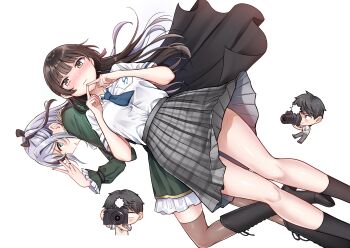1boy 2girls absurdres black_boots black_hair black_socks blue_necktie blush boots brown_eyes brown_hair brown_thighhighs camera chibi chibi_inset closed_mouth commentary_request green_eyes grey_hair grey_skirt highres holding holding_camera index_fingers_together long_hair looking_at_viewer multiple_girls necktie original plaid_clothes plaid_skirt pleated_skirt shakemori shirt shirt_tucked_in short_hair simple_background skirt socks taking_picture thighhighs wavy_mouth white_background white_shirt