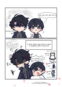 &gt;_&lt; 2boys @_@ ahoge arm_hug black_coat black_eyes black_hair black_shirt breath chibi chibi_only coat collared_shirt commentary crying curtained_hair english_commentary english_text hair_between_eyes highres implied_yaoi kim_dokja kimidori_22 like_and_retweet maid male_focus male_playboy_bunny meme multiple_boys omniscient_reader&#039;s_viewpoint open_clothes open_coat partially_shaded_face popped_collar room_you_can&#039;t_get_out_of_unless_you_x_(meme) shirt short_hair tears upper_body white_coat yoo_joonghyuk