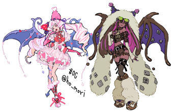 2girls bat_wings belt belt_buckle bikini black_belt blue_wings blunt_bangs boots bow brown_corset brown_hair brown_shorts brown_wings bubble_skirt buckle choker colored_eyelashes colored_inner_hair corset dark_skin demon_tail detached_sleeves dress eyelashes eyewear_on_head frilled_skirt frills fur_leg_warmers gloves gold_buckle green-tinted grey_thighhighs halterneck harurie hat heart highres jester_cap leg_warmers long_hair mesh midriff multicolored_hair multiple_girls nail_polish original pink_eyes pink_gloves pink_hair pink_nails puffy_sleeves red_bow shoes shorts sidelocks skirt swept_bangs swimsuit tail thigh_belt thigh_strap thighhighs twintails two-tone_hair white_boots wings yellow_eyes