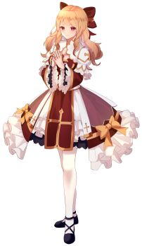 Rule 34 | 1girl, absurdres, arcelle, arch bishop (ragnarok online), black shoes, blonde hair, bow, closed mouth, commentary, cross, dress, dress bow, english commentary, frilled dress, frilled sleeves, frills, full body, hair bow, highres, long hair, long sleeves, looking at viewer, official alternate costume, ragnarok online, red bow, red dress, red eyes, shoes, simple background, smile, solo, steepled fingers, thighhighs, transparent background, two-tone dress, white dress, white thighhighs, yellow bow