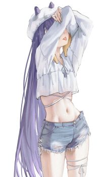 1girl absurdres arms_up beret blue_shorts commentary covering_own_eyes cropped_shirt denim denim_shorts english_commentary gradient_hair hat highres hololive hololive_english linea_alba long_hair long_sleeves midriff multicolored_hair navel ninomae_ina&#039;nis official_alternate_costume orange_hair pointy_ears purple_hair samukzz shirt short_shorts shorts sidelocks simple_background solo straight_hair tentacle_hair thigh_strap torn_clothes torn_shorts very_long_hair virtual_youtuber white_background white_hat white_shirt