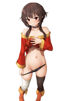 1girl absurdres asymmetrical_legwear bandaged_leg bandages bare_shoulders belt_collar black_panties black_thighhighs boots brown_boots closed_mouth clothes_lift collar collarbone dress dress_lift feet_out_of_frame gibun_(sozoshu) groin hat highres kono_subarashii_sekai_ni_shukufuku_wo! lifting_own_clothes loli looking_at_viewer megumin mismatched_legwear navel panties panty_pull petite pulling_own_clothes red_dress short_hair_with_long_locks solo standing thighhighs underwear unworn_headwear white_background witch_hat