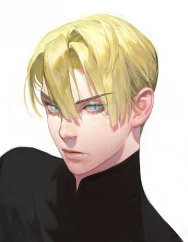 Rule 34 | 1boy, an kyoung, black shirt, blonde hair, blue eyes, blunt bangs, closed mouth, commentary request, dimitri alexandre blaiddyd, dimitri alexandre blaiddyd (young), double-parted bangs, fire emblem, fire emblem: three houses, hair between eyes, highres, korean commentary, looking at viewer, male focus, nintendo, parted bangs, portrait, shirt, short hair, solo, upper body, white background