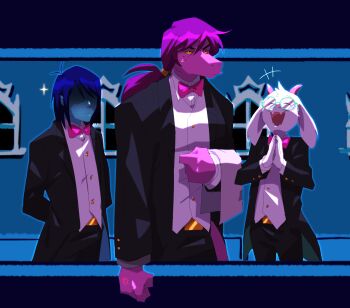 anger_vein animal_ears aqua-framed_eyewear aqua_skin black_suit blue_hair colored_sclera colored_skin deltarune formal_clothes goat_boy goat_ears goat_horns hiffuu highres horns kris_(dark_world)_(deltarune) kris_(deltarune) own_hands_together ponytail purple_hair purple_skin ralsei reptile_girl round_eyewear shaded_face short_hair suit susie_(deltarune) upper_body utdr_(toby_fox) yellow_sclera