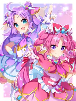 Rule 34 | 2girls, :d, ahoge, akechi anna, artist name, blue eyes, bow, braid, brooch, capelet, closed mouth, commentary request, cure answer, cure mystic, dot nose, double bun, dress, earrings, fingerless gloves, gloves, hair bow, hair bun, hair intakes, hair ornament, hand on own hip, heart, heart brooch, heart hair ornament, heart in eye, jewelry, kobayashi mikuru, layered dress, long hair, looking at viewer, magical girl, meitantei precure!, multiple girls, myarikuru, open mouth, parted bangs, pink bow, pink capelet, pink dress, pink gloves, pink hair, pointing, pointing at viewer, pouch, precure, purple bow, purple capelet, purple dress, purple eyes, purple gloves, purple hair, red bow, smile, split mouth, symbol in eye, thighhighs, twin braids, white thighhighs