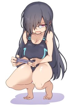 1girl breasts cleavage competition_school_swimsuit controller cool-kyou_shinja dragon_girl fafnir_(maidragon) full_body game_controller genderswap genderswap_(mtf) glasses hair_over_one_eye highres holding holding_controller kobayashi-san_chi_no_maidragon large_breasts long_hair looking_at_viewer official_art one-piece_swimsuit open_mouth pince-nez red_eyes school_swimsuit scowl simple_background solo squatting swimsuit taut_clothes taut_swimsuit tiptoes white_background