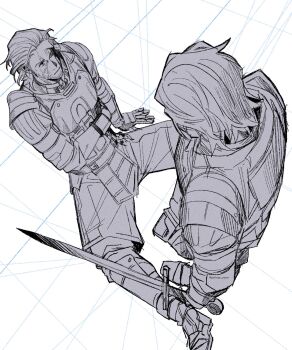 2boys arm_across_waist armor basch_fon_ronsenburg beard boots breastplate brothers dirty dirty_face facial_hair final_fantasy final_fantasy_xii from_above gabranth_(ff12) garbage_paper hair_slicked_back highres holding holding_sword holding_weapon looking_at_another male_focus medium_hair multiple_boys shoulder_armor siblings sitting sword twins unfinished weapon