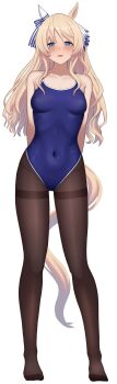 Rule 34 | 1girl, alternate costume, animal ears, arms behind back, bakkasu150, bare shoulders, bell, blonde hair, blue eyes, blue one-piece swimsuit, blush, breasts, commentary request, covered navel, ear covers, elbow gloves, full body, gloves, hair between eyes, highres, horse ears, horse girl, horse tail, long hair, looking at viewer, medium breasts, navel, one-piece swimsuit, open mouth, pantyhose, pantyhose under swimsuit, simple background, single ear cover, solo, swimsuit, tail, thighband pantyhose, umamusume, victoire pisa (umamusume)