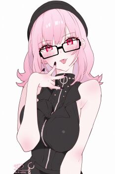 1girl alternate_costume beanie black_bodysuit black_jumpsuit blunt_bangs bodysuit breasts hat highres hololive hololive_english jumpsuit kamiya_maneki large_breasts looking_at_viewer mori_calliope mori_calliope_(the_story_thus_far) official_alternate_costume official_alternate_hairstyle open_mouth pink_eyes pink_hair red_eyes short_hair simple_background sleeveless_jumpsuit smile solo virtual_youtuber white_background wolf_cut