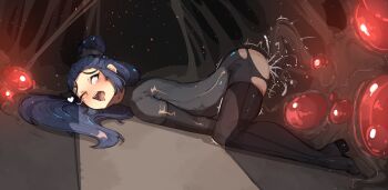 1girl absurdres ahegao black_bodysuit black_boots black_gloves blue_eyes blush bodysuit boots commentary cum cum_in_pussy eldritch_abomination english_commentary from_side gloves glowing heart highres infestation_(warframe) interspecies loli long_hair looking_up night night_sky one_eye_closed operator_(warframe) shuuko_(s_h_uuko) skindentation sky slime_(creature) slime_sex solo tentacle_sex tentacles thigh_boots thighhighs top-down_bottom-up torn_bodysuit torn_clothes warframe