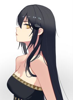 Rule 34 | 1girl, absurdres, alternate costume, arm out of frame, bare shoulders, black dress, black hair, breasts, commentary, dandelion (girls' frontline), dress, english commentary, girls' frontline, hair between eyes, hair ornament, hairclip, highres, long hair, looking at viewer, medium breasts, open mouth, parted lips, sidelocks, simple background, solo, strapless, strapless dress, takaprince, upper body, yellow eyes