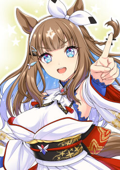 1girl almond_eye_(umamusume) animal_ears armpits bare_shoulders blue_eyes blue_hair braid breasts brown_hair commentary_request green_background hairband highres horse_ears horse_girl horse_tail isse jacket large_breasts long_hair multicolored_hair obi off_shoulder outline outstretched_arm pointing ribbon sash solo star_(symbol) tail two-tone_hair umamusume v-shaped_eyebrows very_long_hair white_hairband white_jacket white_outline white_ribbon