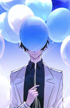 1boy balloon black_hair black_shirt censored censored_identity coat collared_shirt facing_viewer highres holding holding_balloon kim_dokja male_focus muzililsp omniscient_reader&#039;s_viewpoint open_clothes open_coat popped_collar shirt short_hair smile solo too_many_balloons upper_body white_coat