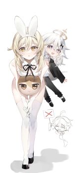 1boy 2girls :d absurdres aether_(genshin_impact) alternate_costume animal_ears bent_over black_footwear black_jacket black_pants blonde_hair character_pillow detached_collar genshin_impact gloves highres jacket leotard lumine_(genshin_impact) multiple_girls neck_ribbon necktie open_mouth paimon_(genshin_impact) pants parted_lips playboy_bunny rabbit_ears ribbon shirt short_hair_with_long_locks smile straight-on thighhighs white_background white_gloves white_hair white_leotard white_shirt white_thighhighs yellow_eyes yukiusagi_(snowrabbit0508)
