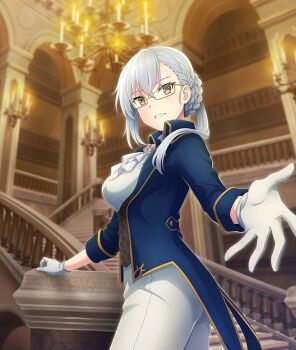 1girl arch ascot banister blue_jacket blush braid breasts candelabra candlestand chandelier coattails cowboy_shot formal_clothes from_side game_cg gloves grey_hair grin hair_up indoors jacket kitora_mirja large_breasts medium_hair official_art outstretched_arm pants purple-framed_eyewear railing reaching reaching_towards_viewer smile solo stairs tailcoat third-party_source toji_no_miko toji_no_miko:_kizamishi_issen_no_tomoshibi white_ascot white_gloves white_pants yellow_eyes